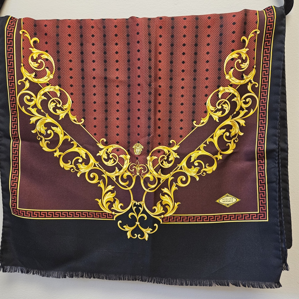 Versace Atelier Scarf with Red, Black, and Gold Design
